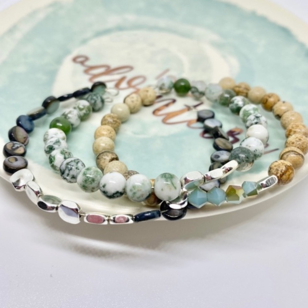 Open Semiprecious Gemstone Bracelet Set of 3 - Adjustable One Size